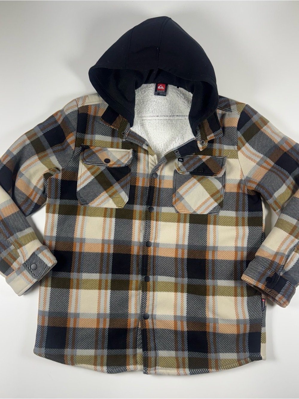 Men's Hooded Plaid Button-Up Shacket - Black, Cream & Brown